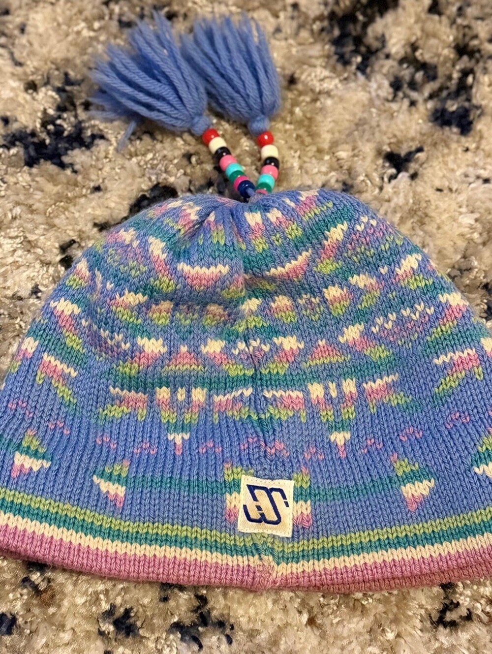 Vintage Marceau Merkley Fair Isle Beanie Tassels Pastel Wool Canada